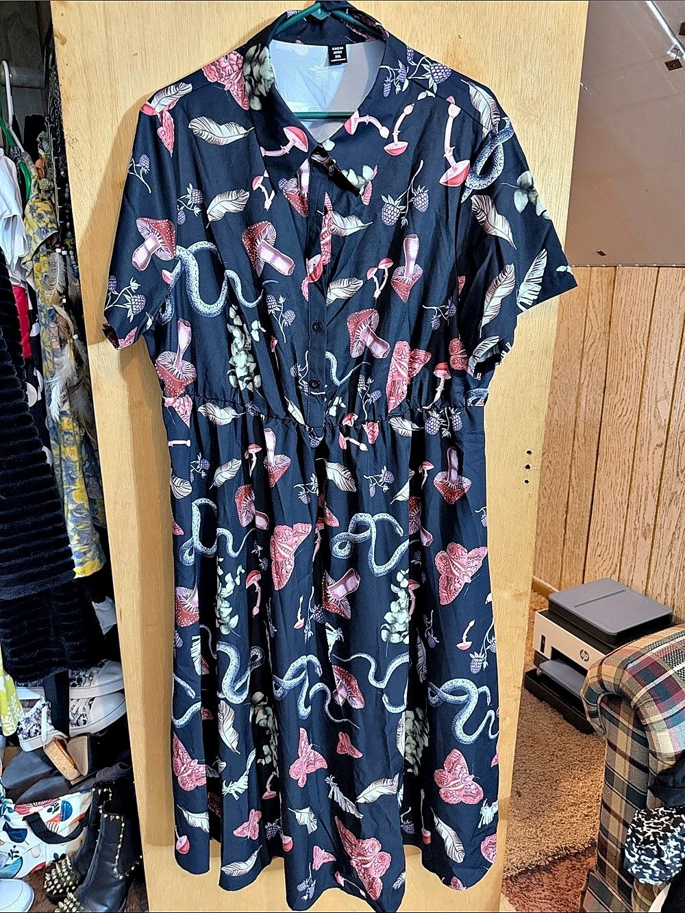 SHEIN ROMWE Fairycore Women's Mushroom And Snake Print Button Up Shirt Dress